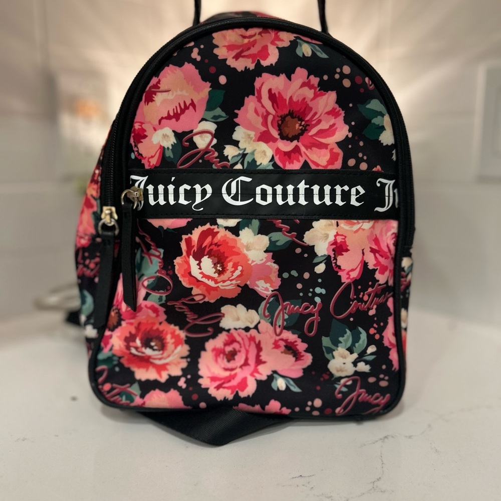 Juicy Couture Women's Floral Design Black & Pink Small Backpack - Travel Bag NWT